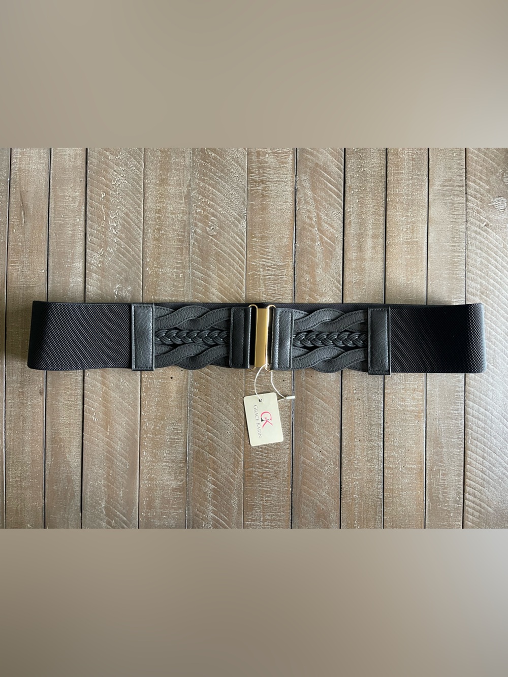 Grace Karin Black Elastic Braided Waist Belt with Gold Buckle